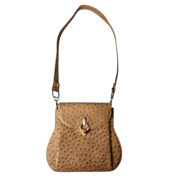 Vintage Triangle New York Camel Tan Ostrich Leather Handbag Purse - Picture 1 of 15